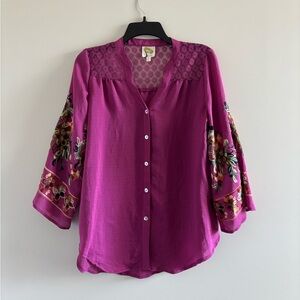Fig and Flower Blouse Purple Floral Embroidered Button Up Lace Womens S Boho